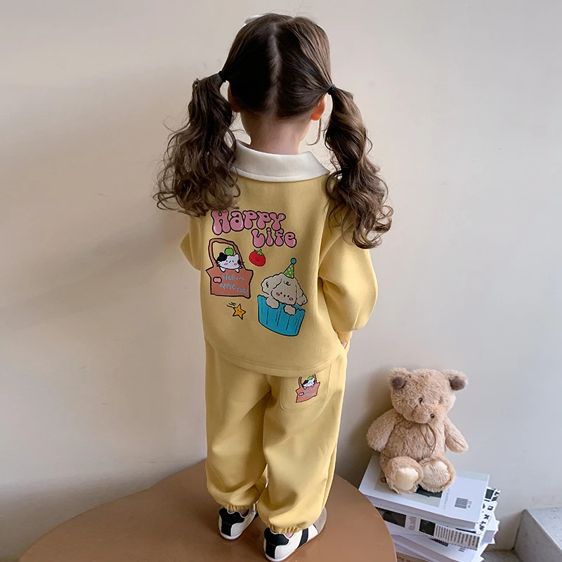 女小童翻领卫衣套装春秋款幼儿园卡通秋装小女孩休闲卫裤两件套潮
