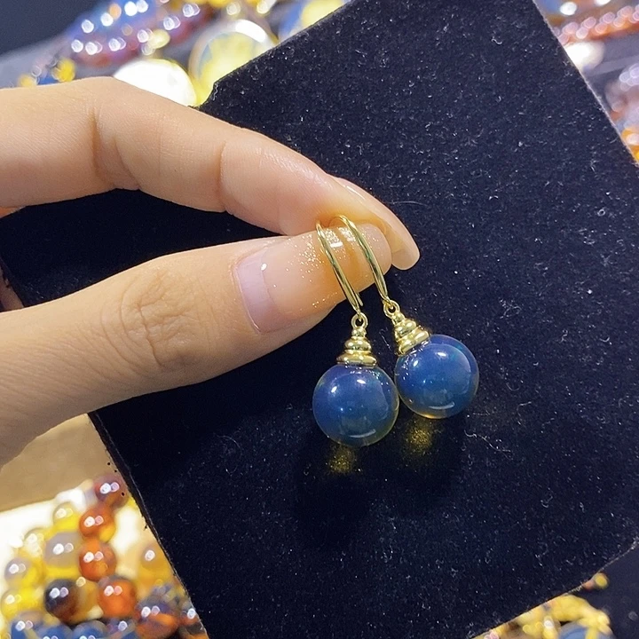 蓝珀银S925镶嵌珠宝奇石墨西哥蓝珀耳环12