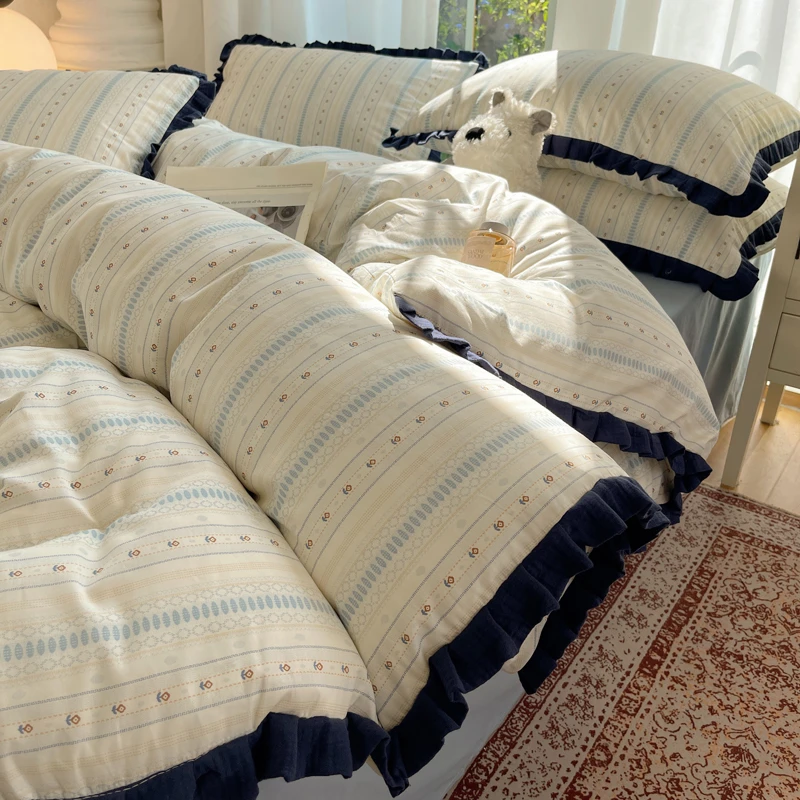 小清新纯棉床上四件套全棉床品韩版花边被套女宿舍床单三件套床笠