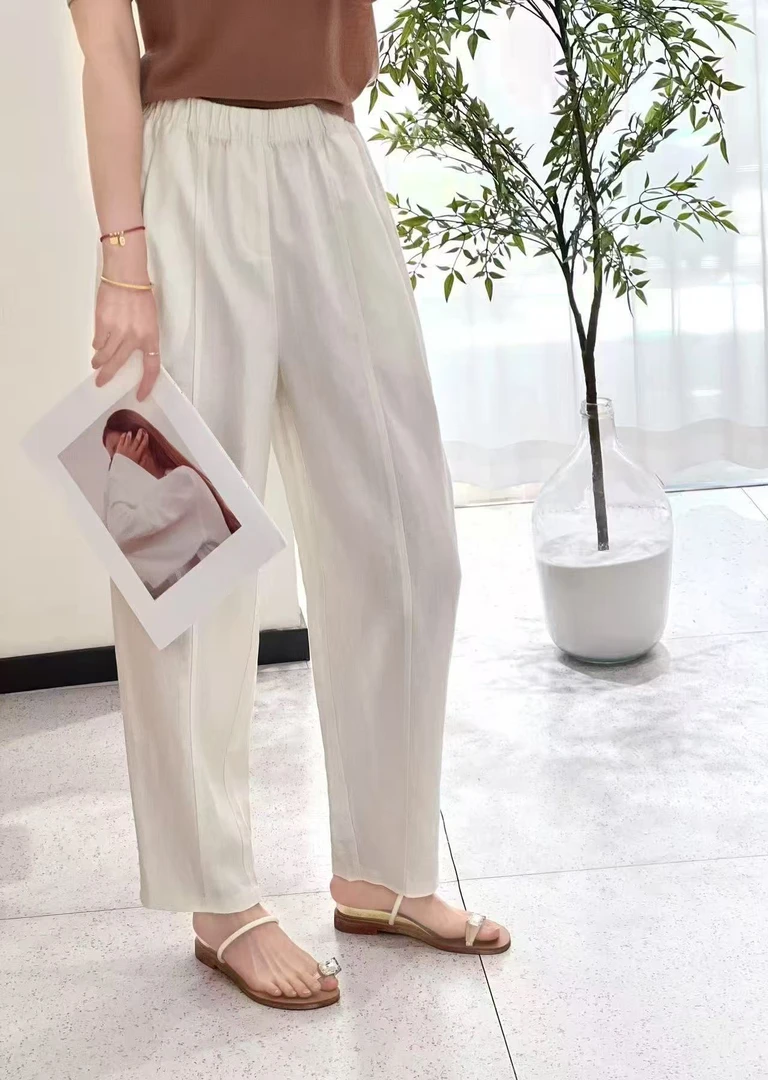 夏季新款休闲裤纯色舒适百搭九分薄款亚麻九分裤