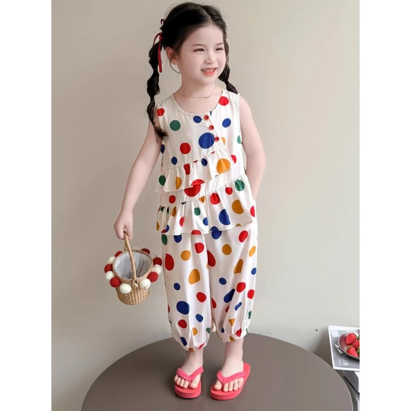 女童棉绸套装夏季2025新款洋气时髦儿童女宝宝夏装圆点两件套薄款