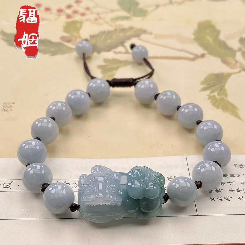 福姻翡翠霸王貔貅手串女天然A货貔貅手链手工编绳缅甸