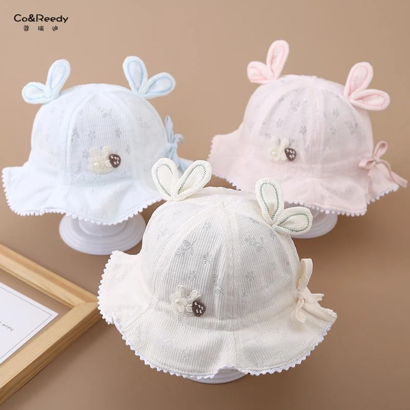 婴儿帽子夏季薄款渔夫帽女宝宝公主帽可爱甜美小兔防晒遮阳帽新款