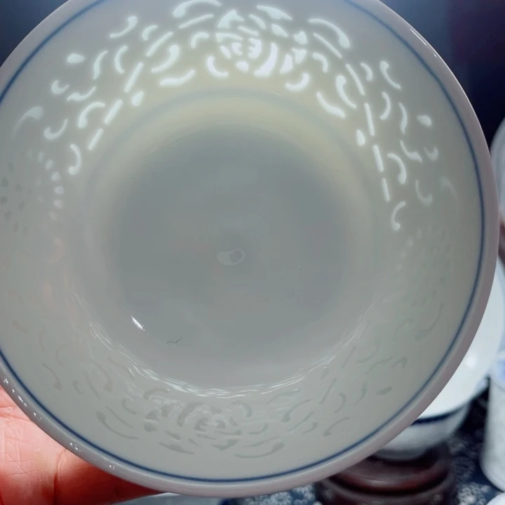 青花玲珑5寸饭碗满雕双福双线