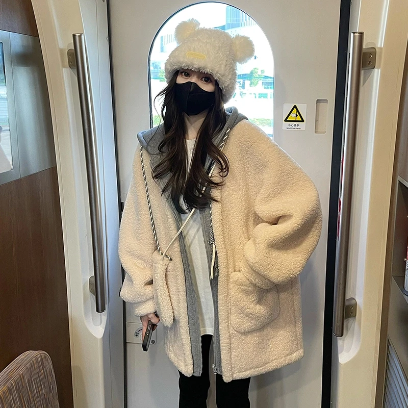 GAGAZHANG【绒冬滤镜】冬季慵懒拼接连帽加厚中长款外套 2412C01