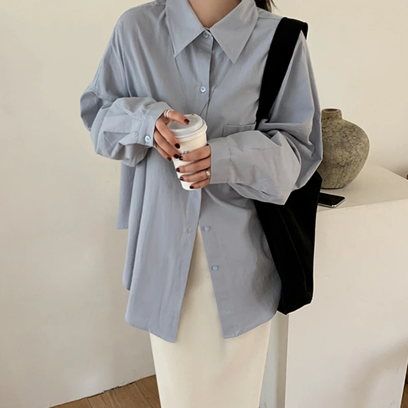 韩版ins风减龄蓝色衬衫女法式时尚洋气甜美宽松慵懒衬衣Polo上衣