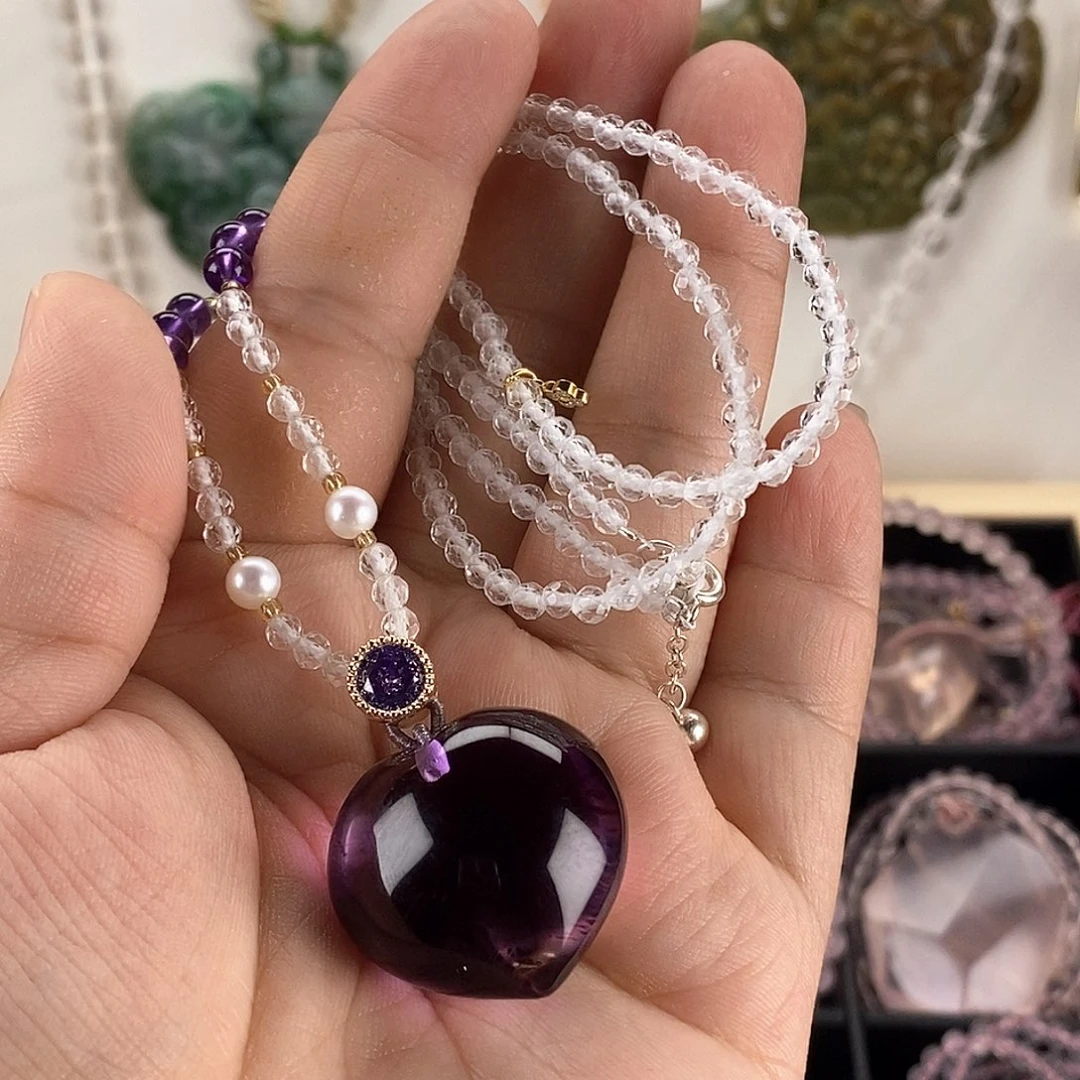 水晶颈饰未镶嵌小***茶紫水晶爱心吊坠