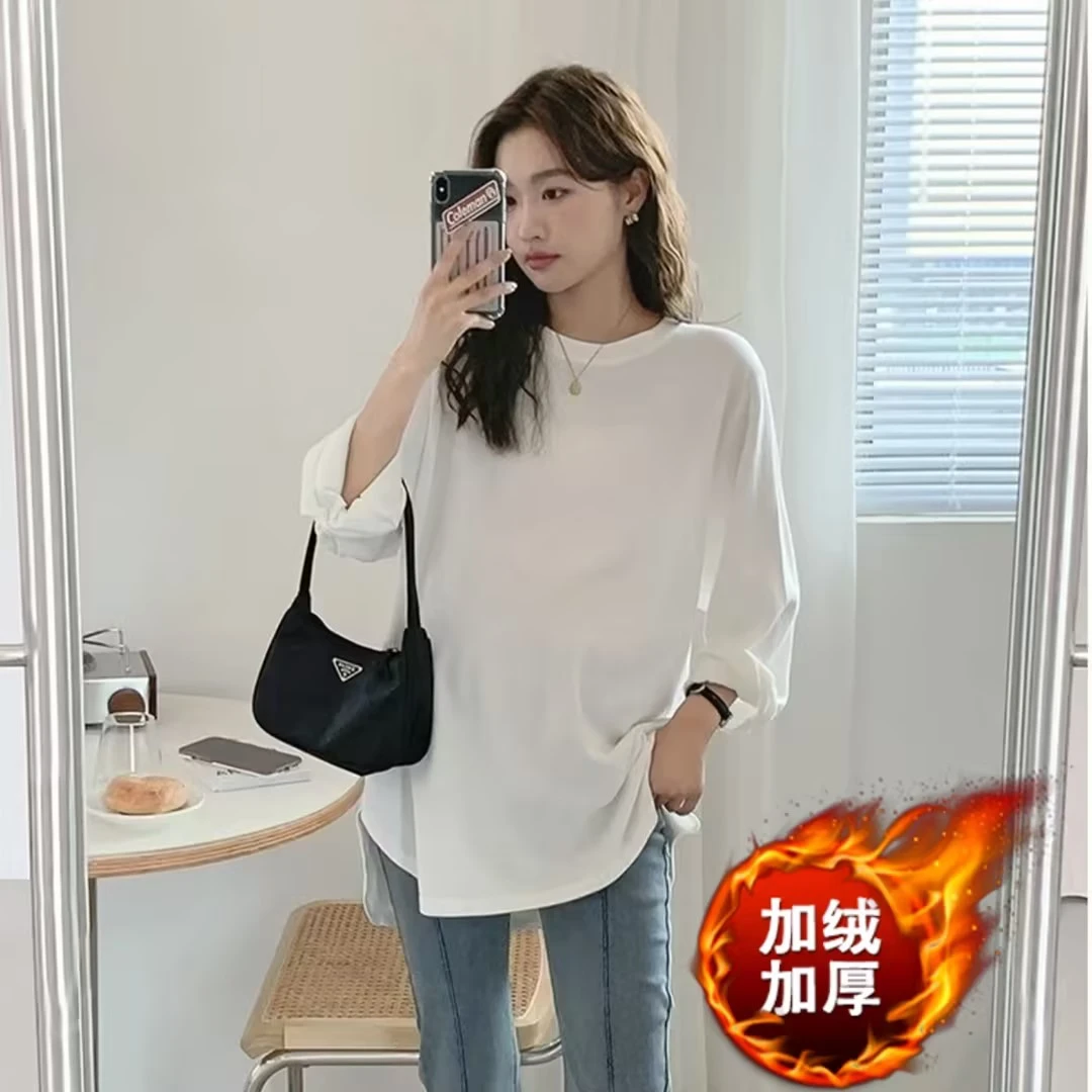 C620# 春季纯棉百搭孕妇上衣纯色简约开叉宽松白色长袖打底T恤