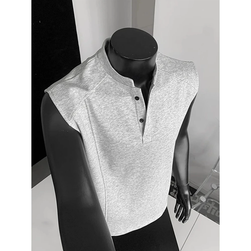 浅灰色美式亨利领坎肩背心男夏季cleanfit潮牌痞帅显肌肉无袖t恤