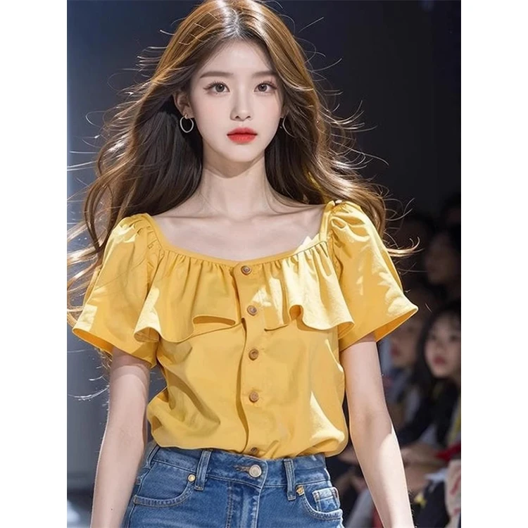 2025春夏季新款法式芒果黄短袖衬衫女洋气别致超好看荷叶边上衣女