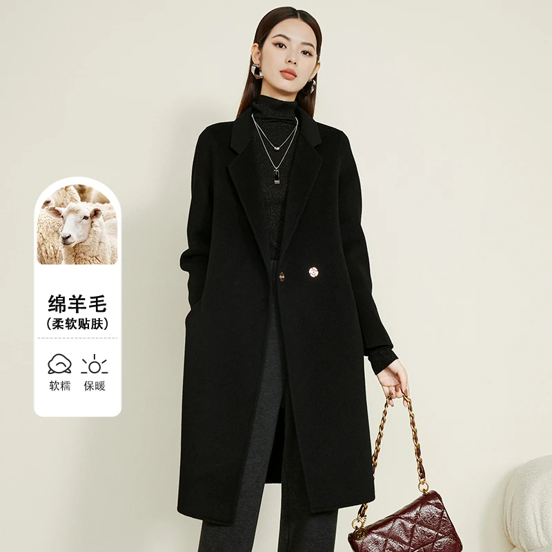 晚白【新品】柔软气质中长款冬双面呢宽松外套全羊毛大衣女24050608