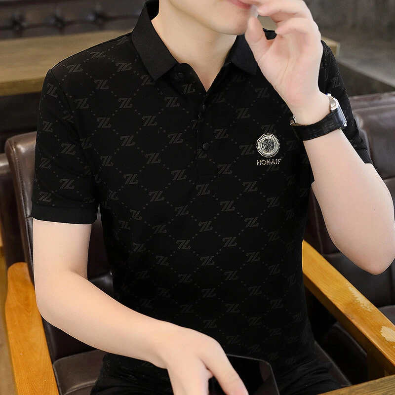 夏季短袖男提花Polo衫立领polo衫衬衫男士半袖上衣polo时尚潮流