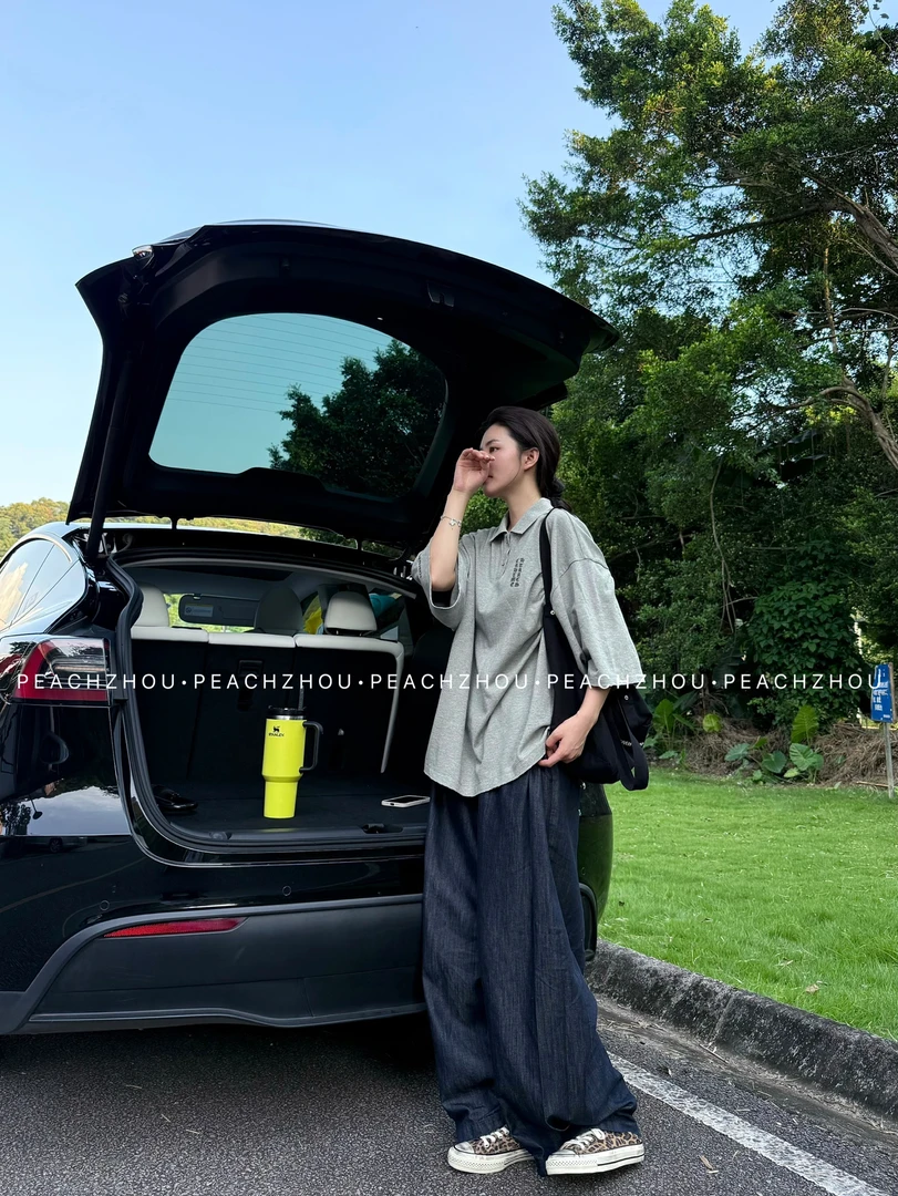 『PEACHZHOU』梵文刺绣落肩宽松翻领大版POLO衫美式休闲中性短袖