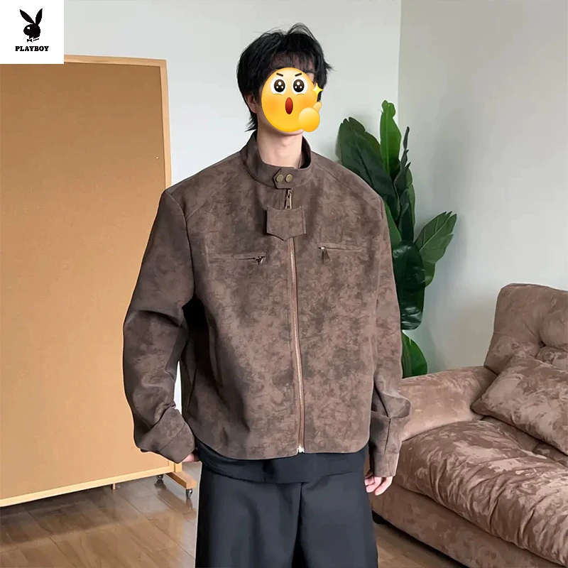 花花公子2025最新款美观大气上档次潮牌皮衣大码立领夹克外套男