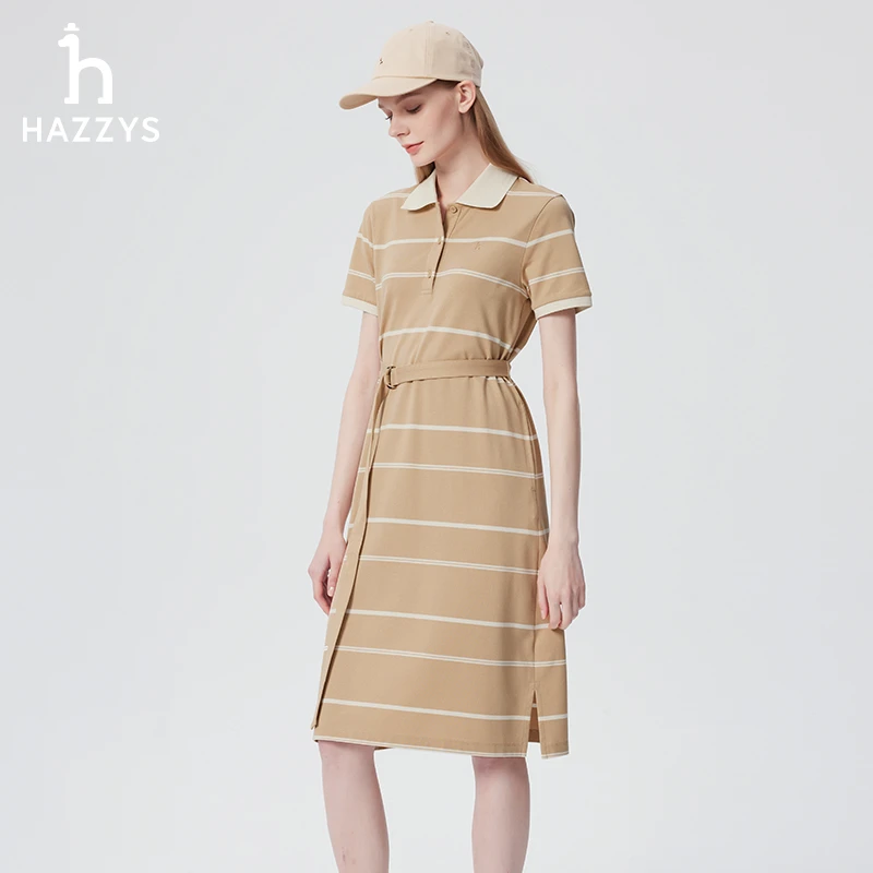 Hazzys哈吉斯夏季女士短袖连衣裙条纹休闲polo裙女裙子
