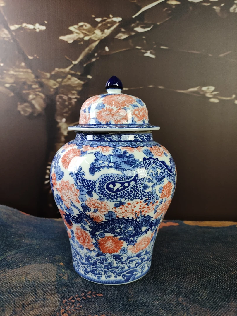 釉里红青花茶叶罐【祥龙】-E599