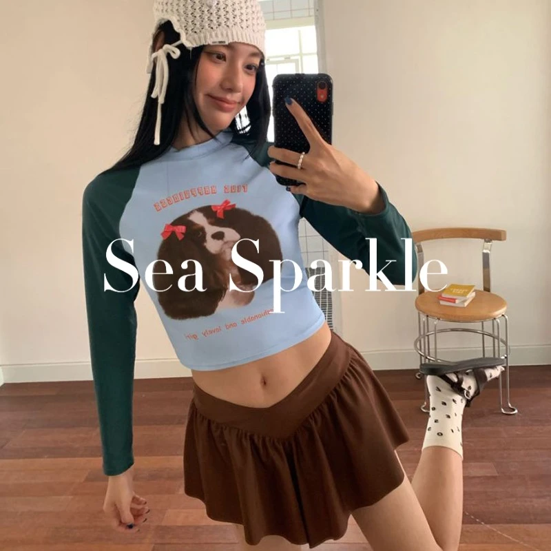 [Sea Sparkle]插肩小狗ins分体泳衣韩系保守遮肉显瘦度假温泉泳衣