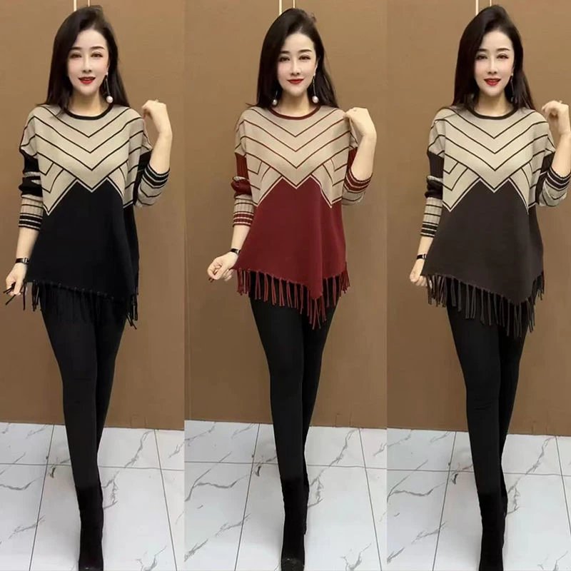 H春秋新款中长款流苏毛衣女秋冬外穿时尚减龄圆领大码宽松打底衫