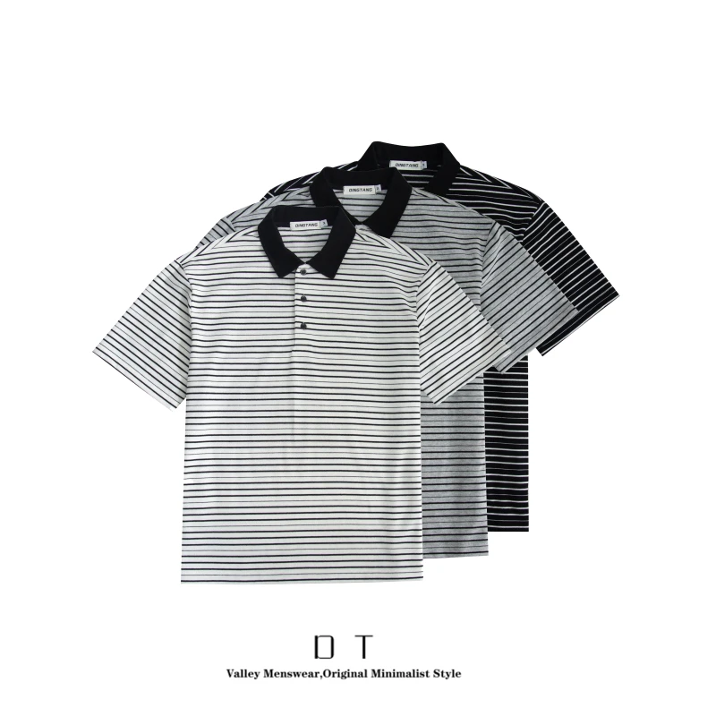 夏季条纹男Polo衫黑色条纹polo衫翻领撞色宽松休闲