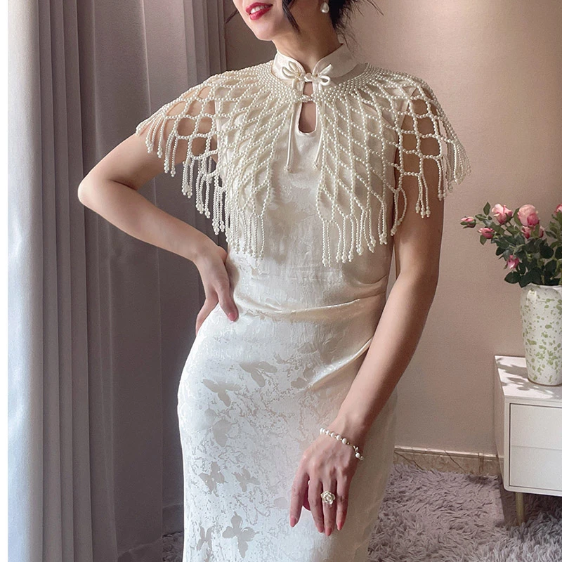 白色专用重工珍珠流苏云肩无袖旗袍披肩外搭国风礼服汉服遮肩膀