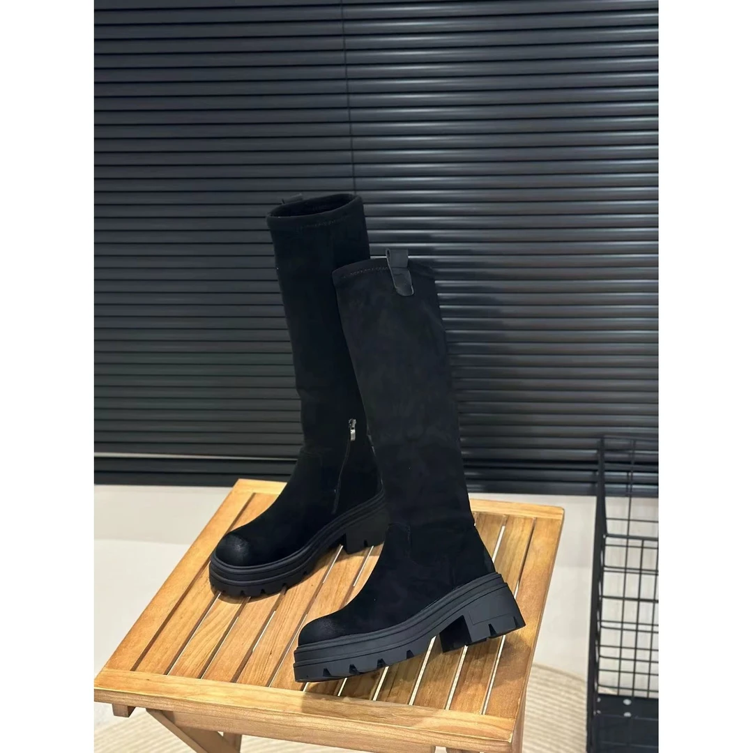 秋冬新款韩版通勤瘦瘦简约厚底裸靴长靴513-8(薄绒)