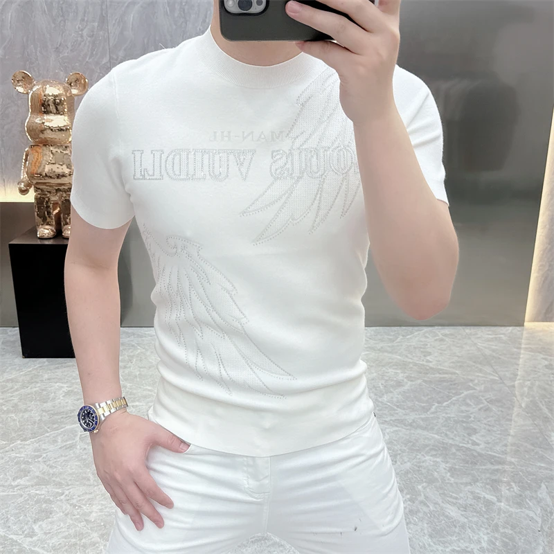 2025夏季新款轻奢高端重工烫钻男士圆领T恤针织时尚帅翅膀短袖