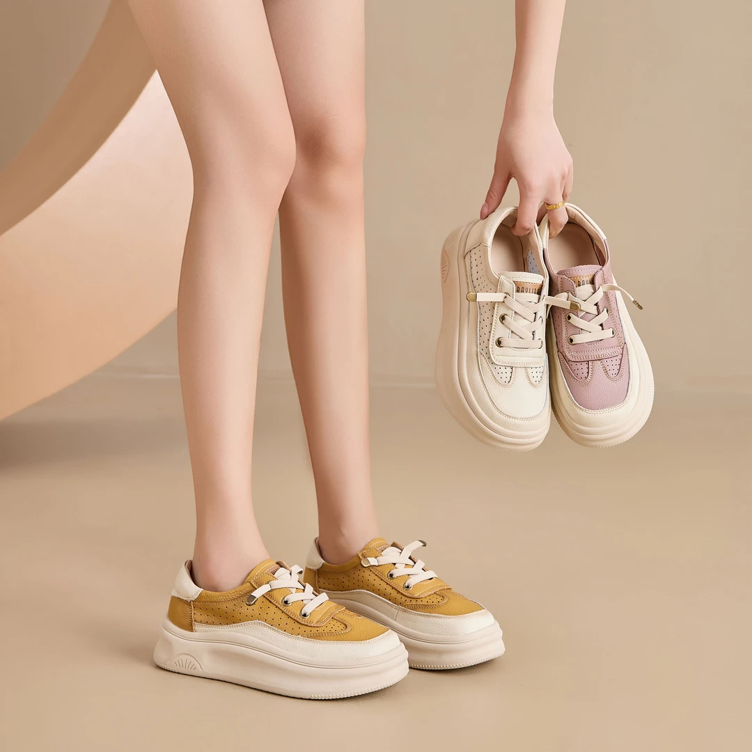 纯色时尚休闲鞋厚底运动鞋真皮镂空透气板鞋百搭浅口小白鞋女