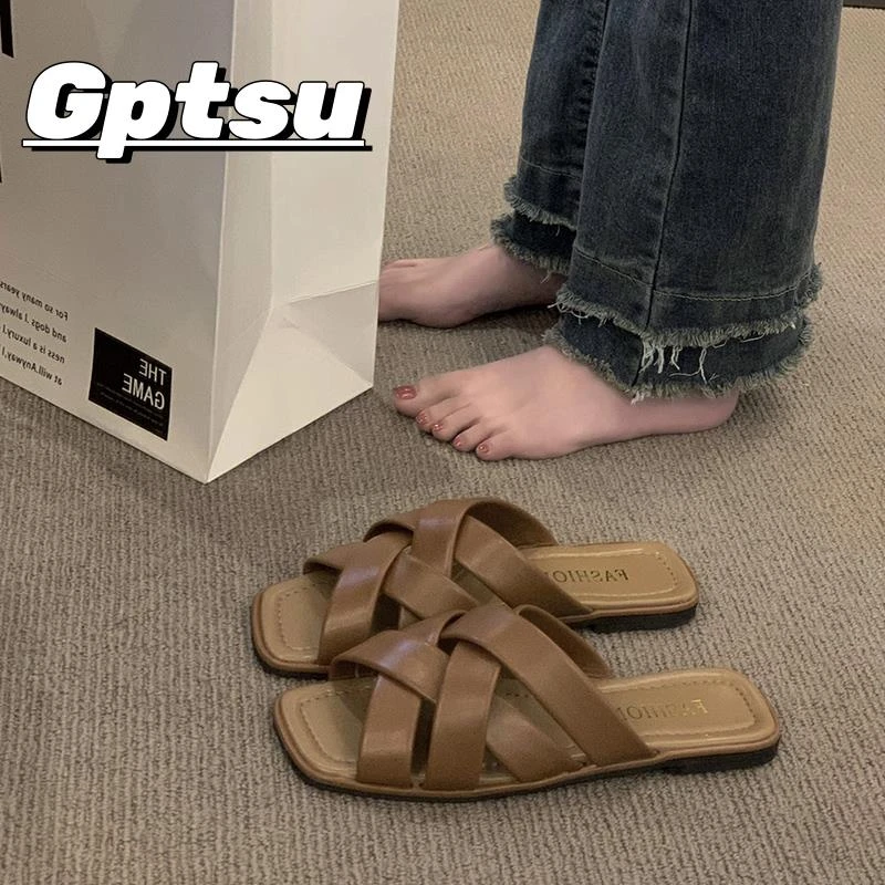 GPTSu平底拖鞋女外穿夏季款韩版时尚方头百搭交叉带一字懒人凉拖