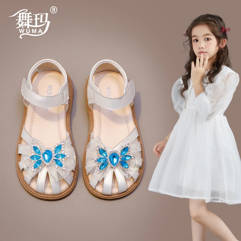 舞玛儿童凉鞋2025夏季新款包头女宝宝软底水晶蝴蝶结公主鞋528256