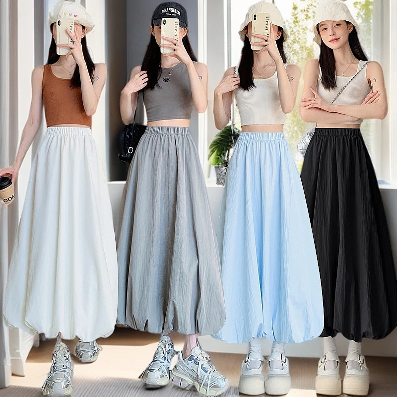 白色花苞口袋半身裙女春夏2025新款显瘦百搭高腰蓬蓬裙a字中长款