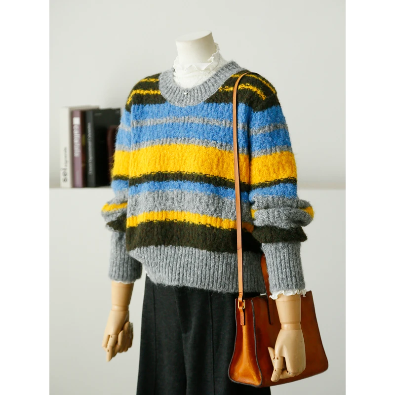 文艺气质彩色条纹毛衣女宽松百搭复古风秋冬季新款显瘦针织衫女