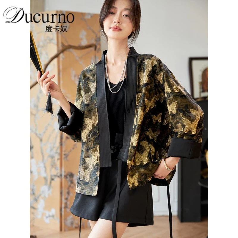 V领系带亮丝提花长袖夹克2025年秋季新款蝙蝠袖懒人宽松韩版外套