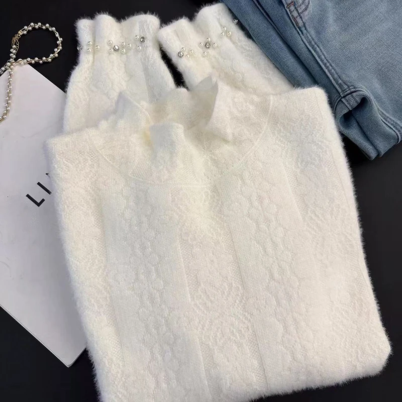 【不起球】冬季新款半高领钉珠加厚套头毛衣女设计感打底针织衫上衣