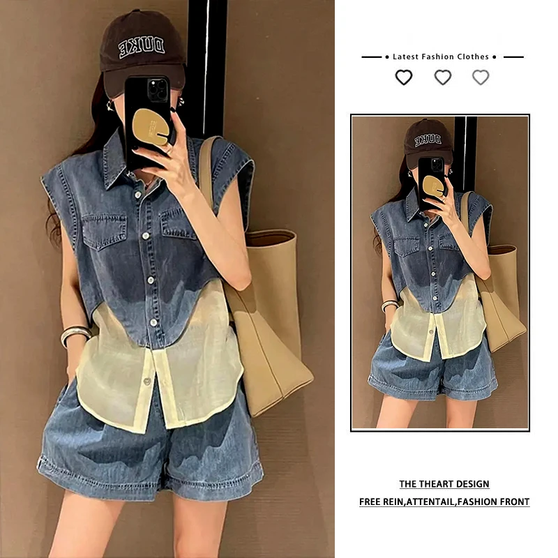 夏季穿搭一整套女装2025新款休闲时尚减龄牛仔拼接上衣短裤两件套