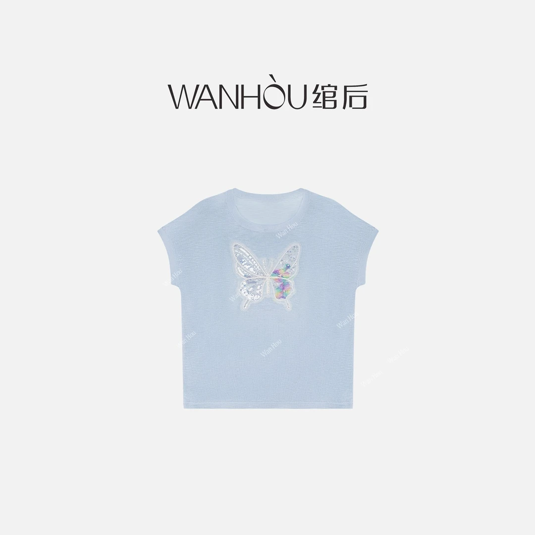 【C2115】#WH-蓝色蝴蝶气质百搭设计款针织短袖夏款女XF