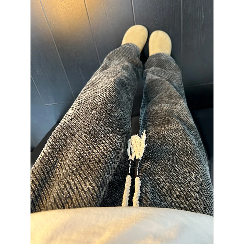 美式复古粗花条纹裤子男秋冬加绒加厚潮牌重磅休闲裤直筒微喇卫裤