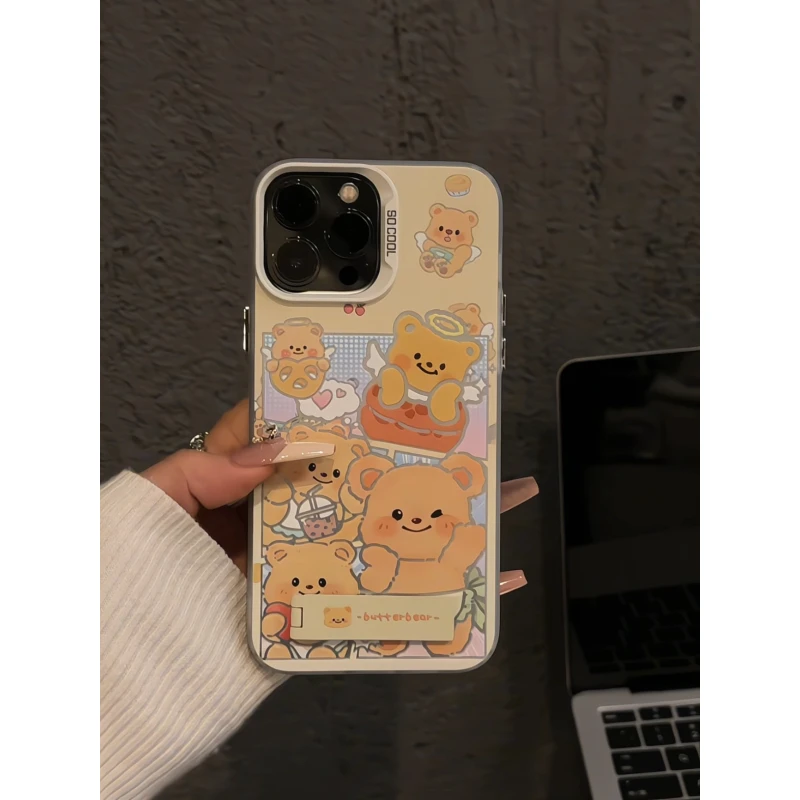 ins插画黄油小熊适用苹果16pro磨砂彩银iphone15手机壳mate70华为