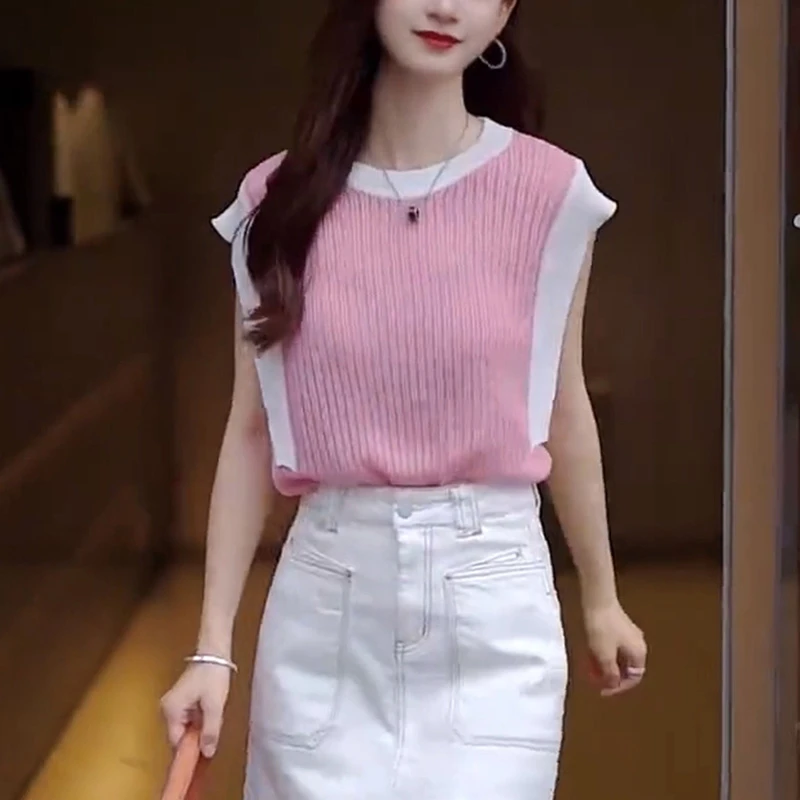 复古撞色圆领镂空针织衫女2025夏季洋气宽松显瘦百搭无袖时尚上衣