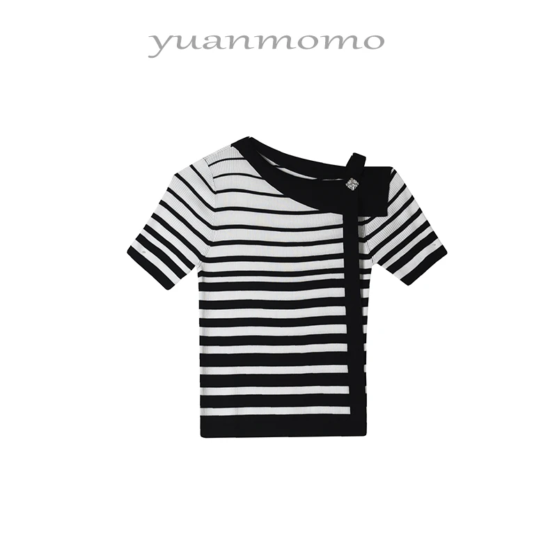 【袁么么】设计感莱赛尔天丝气质露肩一字领针织衫短袖上衣QY2510