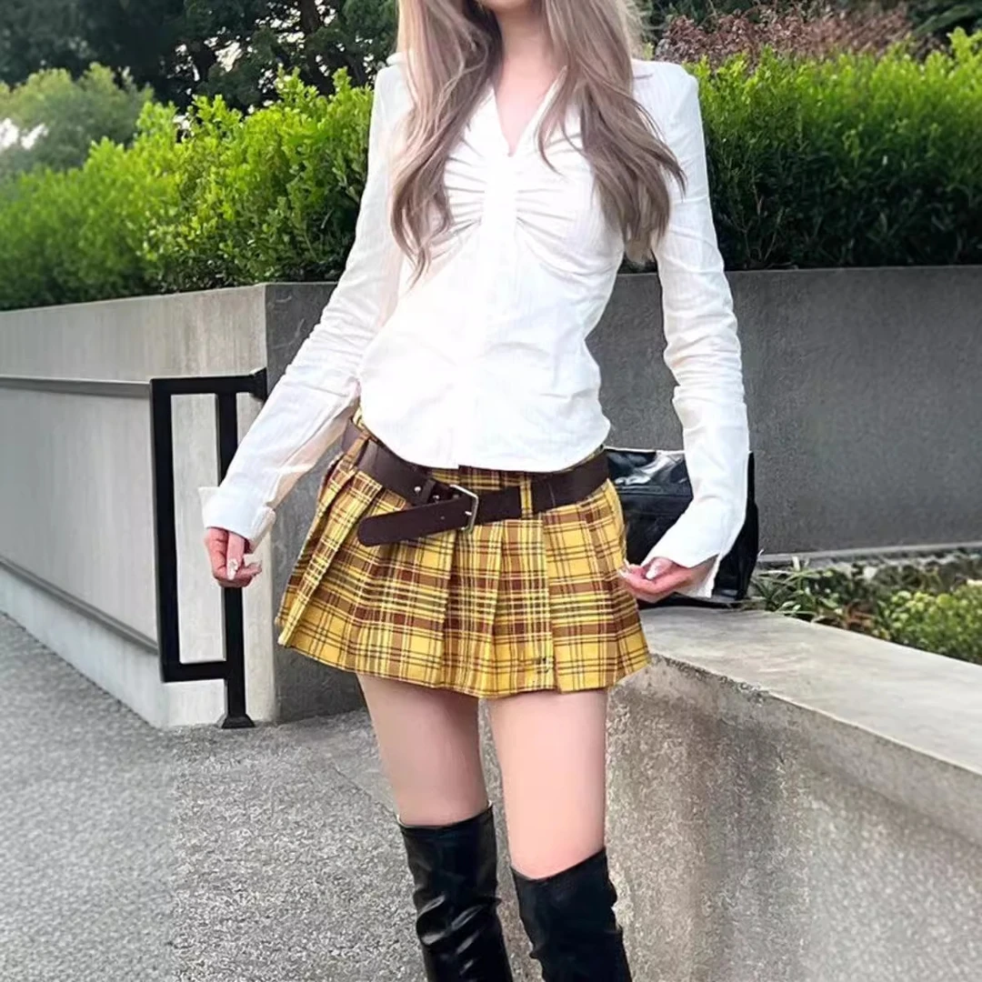 学院风格子百褶裙胖妹妹性感半身裙短裙女JK美式黄色大码辣妹a字