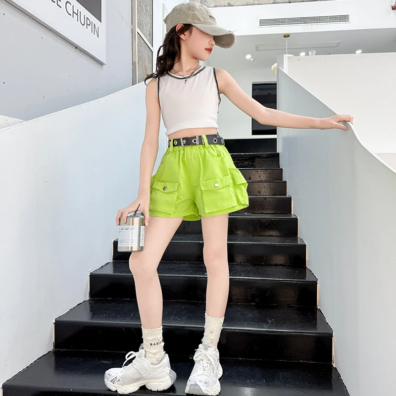 女童短裤夏季2025新款中大童潮酷爵士街舞演出服背心短款工装热裤