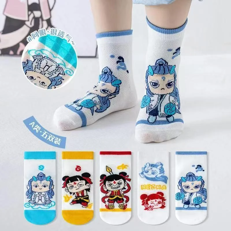 儿童袜子卡通哪吒夏季薄款透气网眼中筒中大童男女宝宝学生夏天潮