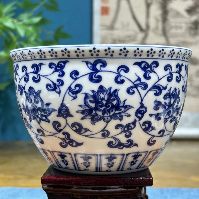 景德镇陶瓷青花缠枝莲大茶洗水盅桌面垃圾桶大容量水洗高端水洗