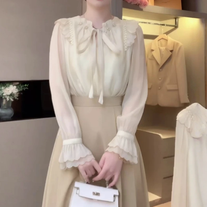法式荷叶边前后两穿长袖雪纺衬衫上衣女秋季新款气质百搭洋气小衫