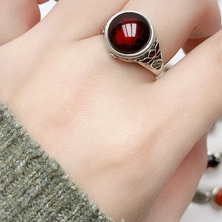 血珀戒指银S925镶嵌天然