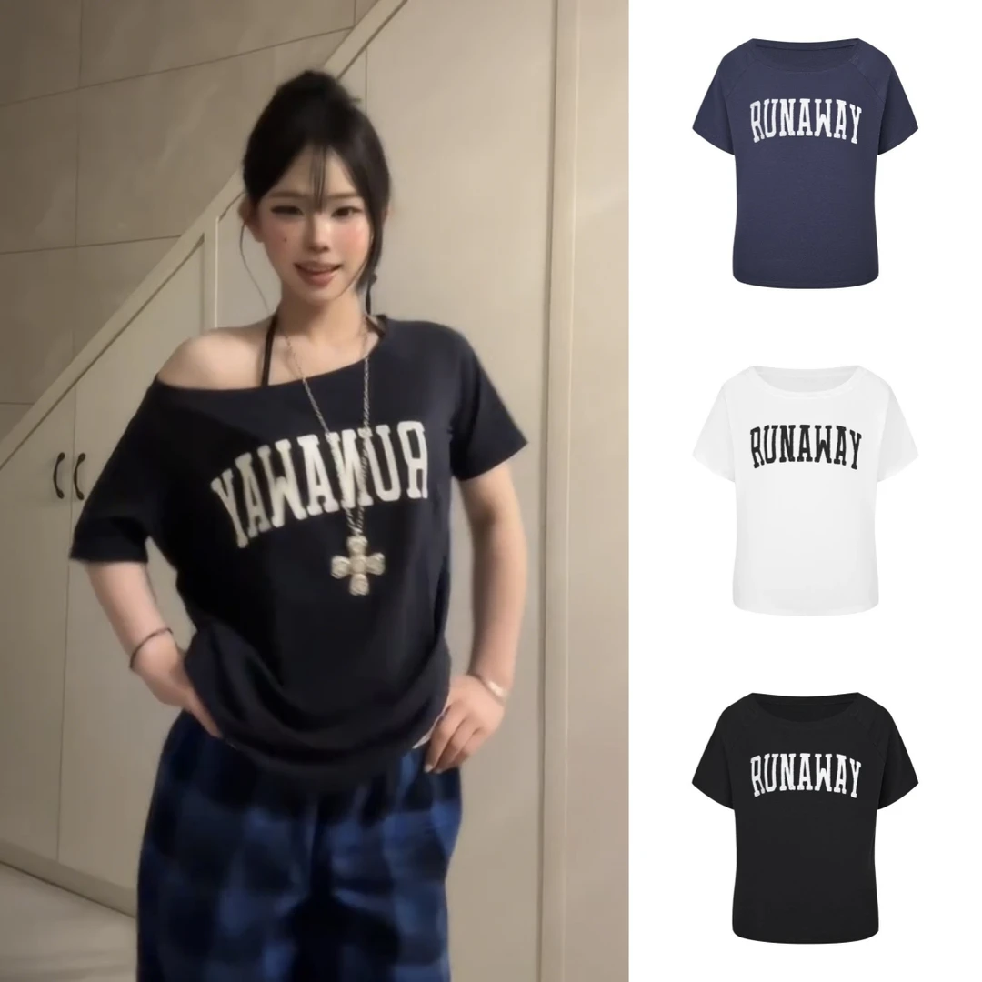 韩系字母印花藏青色斜肩短袖T恤女夏季露肩宽松显瘦慵懒风上衣潮