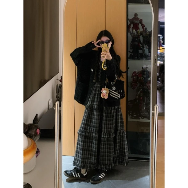 秋季宽松针织毛衣开衫外套女灰色+无袖背心连衣裙套装Y5063Y5065