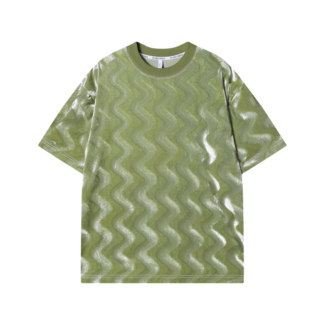 T1562新款时尚绒面条纹设计男士短袖宽松小众休闲上衣百搭潮流T恤