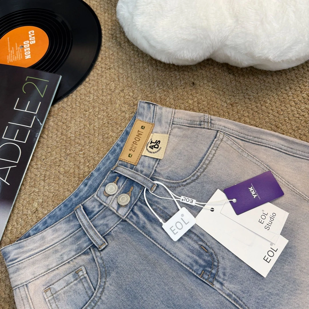 2025夏季薄款双腰头设计款牛仔短裤四分裤百搭阔腿宽松牛仔裤7020