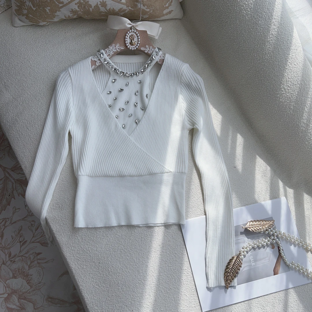 【现货秒发】【白羽】小香风重工镶钻针织挂脖上衣打底衫内搭高级毛衣